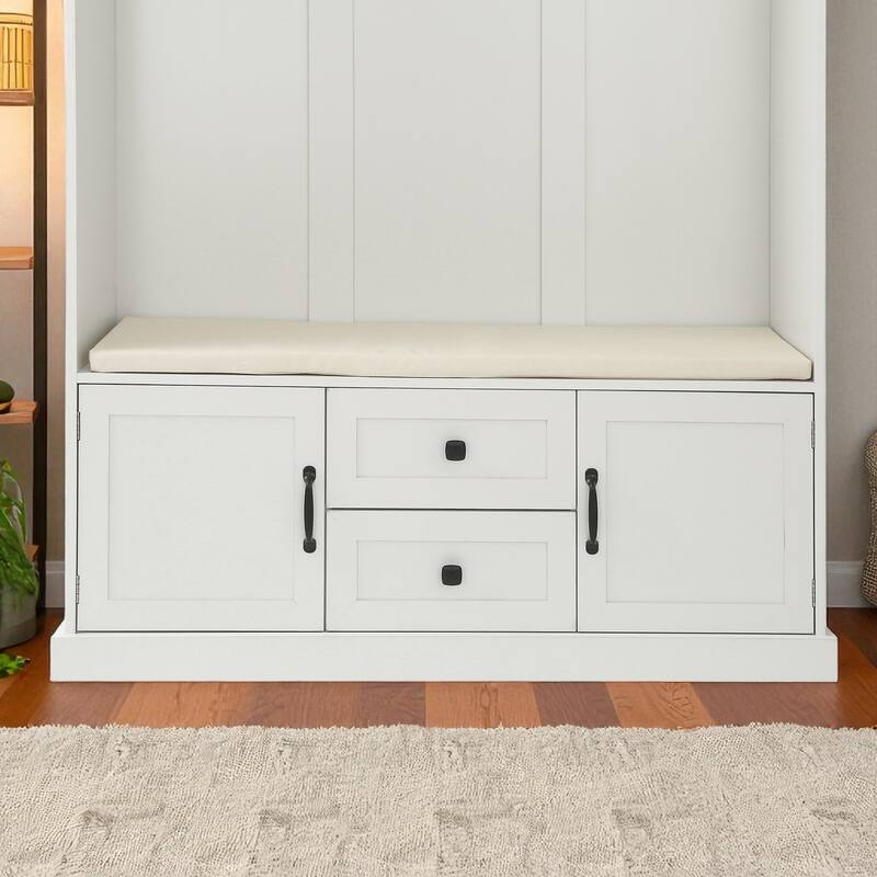 47.2" Hall Tree with Cushion Bench, 3 Hooks, 2 Drawers & 2 Cabinets, Entryway Coat Rack Storage Organizer