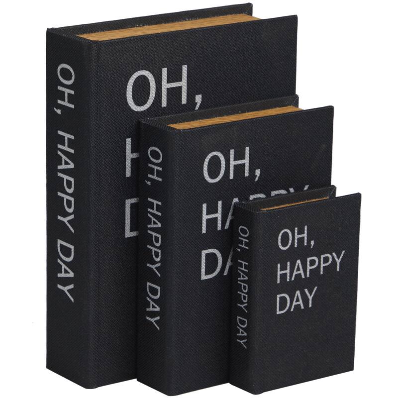 Faux Leather or Linen Fabric Book Storage Box - Set of 3 White, Beige, Black, Red or Light Gray - Roche River Decor - Black - "Oh, Happy Day" Text Cover