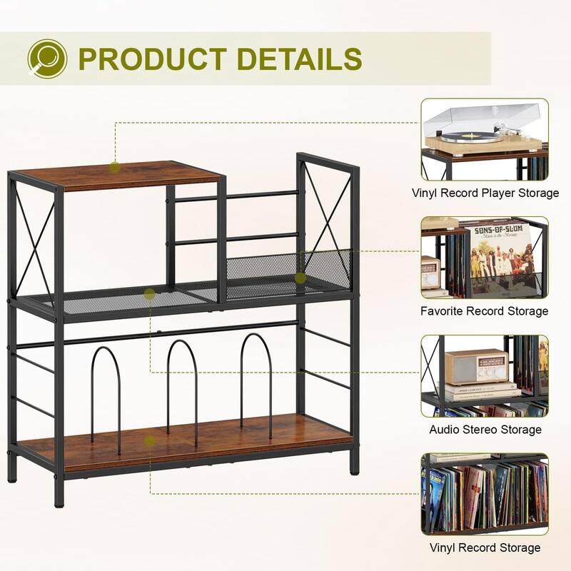 3-Tier Record Player Stand with Vinyl Record Storage - 11.81"D x 11.81"W x 29.53"H