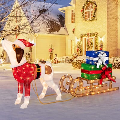 Costway Pre-Lit Christmas Dog Sleigh & Gift Boxes Combo Xmas - See Details