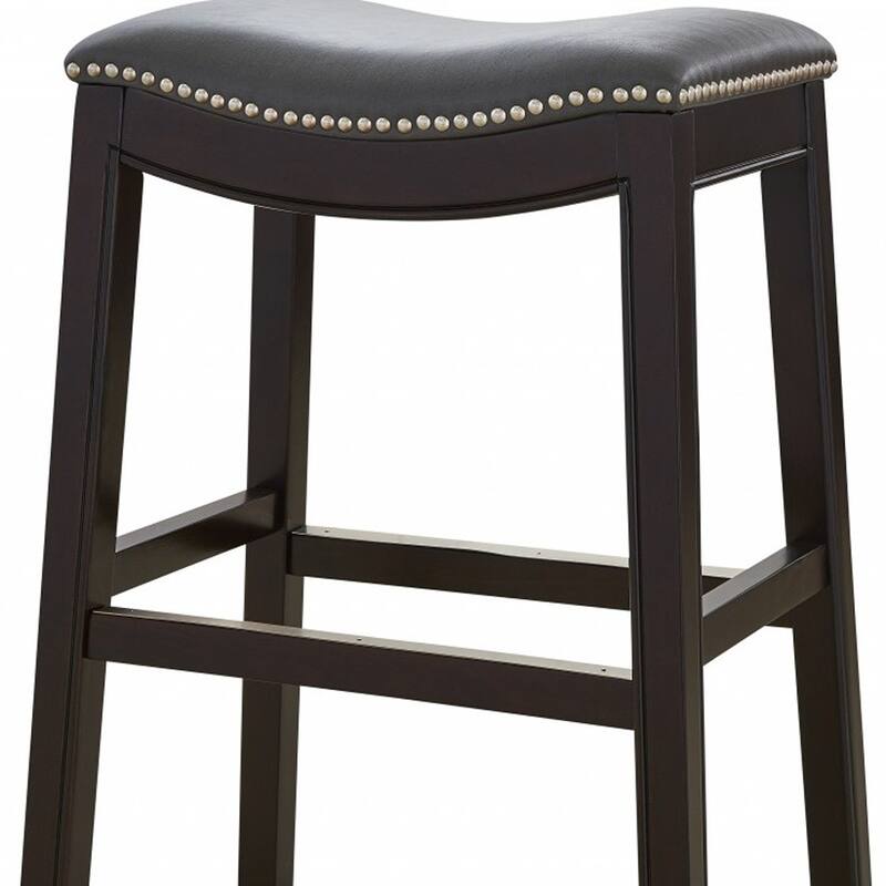Linen Saddle Seat Bar Stool with Nail Head Trim and Footrest