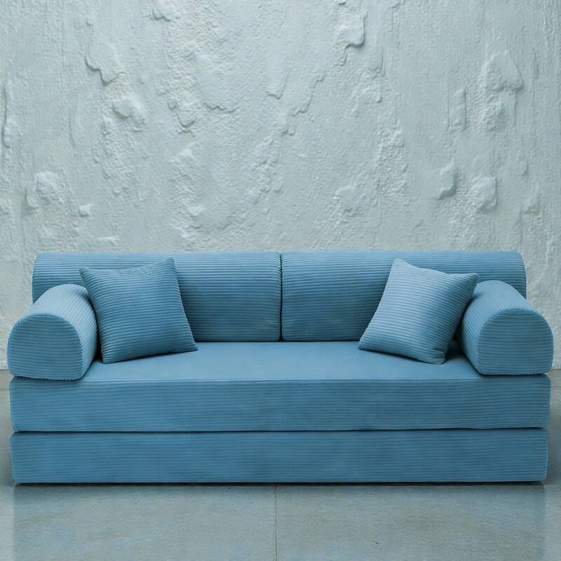 Convertible Sleeper Sofa Bed, 4-in-1 Corduroy Folding Floor Couch with Cylindrical Pillow, 2-Seat Space-Saving Lounge Sofa