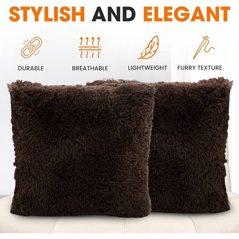 Cheer Collection Super Soft Shaggy Long Hair Throw Pillows Set of 2 Plush Accent Cushions