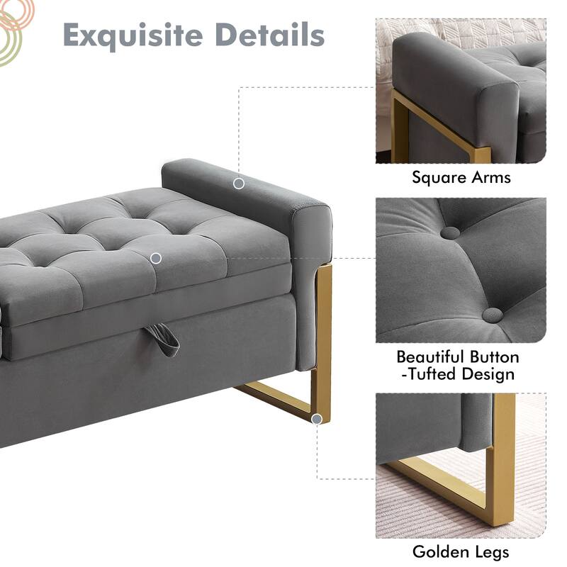 66" Storage Bench for Bedroom End of Bed with Double Lids and Gold Legs