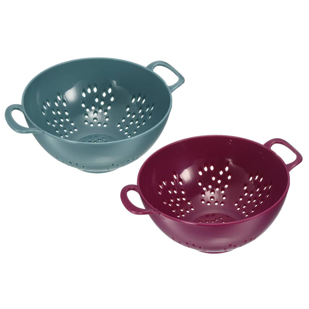 Kitchen Colander with Handle 2Pcs, Rice Washing Strainer Fruit Drainer - Light Blue+Purple - 19cm x 14.8cm x 7.5cm
