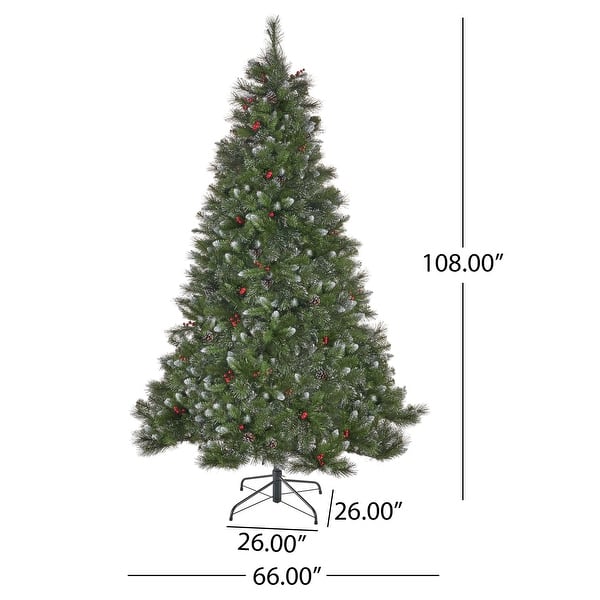 dimension image slide 1 of 3, 9-ft Spruce Pre-Lit or Unlit Artificial Christmas Tree with Glitter Branches, Red Berries & Pinecones by Christopher Knight Home
