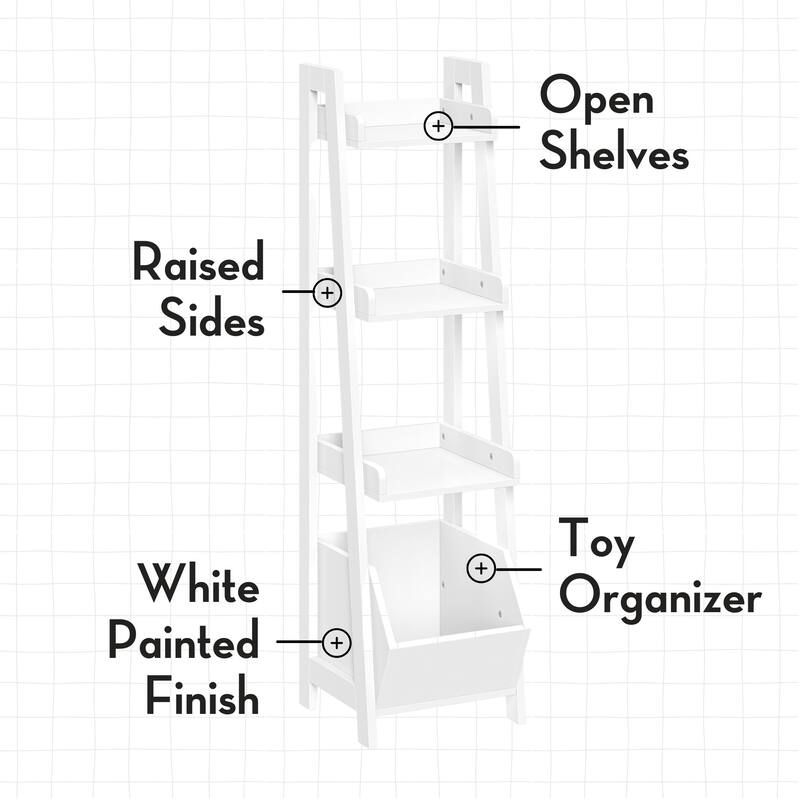 RiverRidge Kids 4-Tier 13in Ladder Shelf Toy Organizer with 3 Open Display Shelves - White with Two 5" Fabric Bins