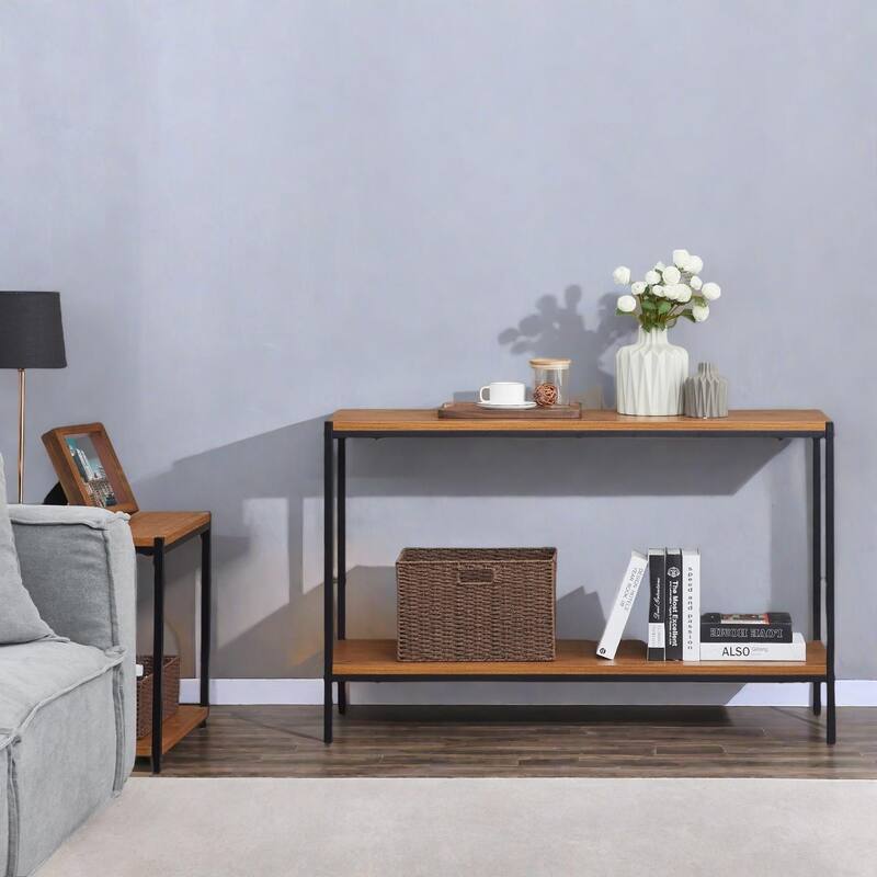 Caffoz Brooklyn Series Oak Brown Console Table Slim Entryway Table with Bottom Storage Shelf for Hallway or Living Room - 48