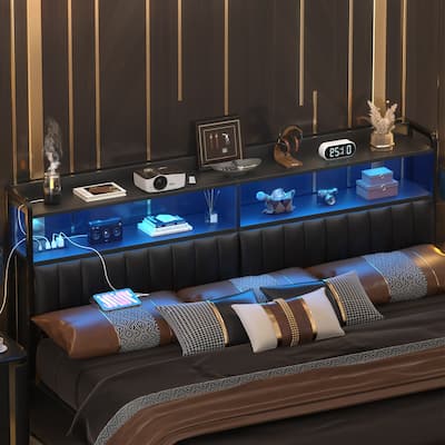 Upholstered Headboards with Charge Station and LED Light, Height Adjustable Head Board with Storage