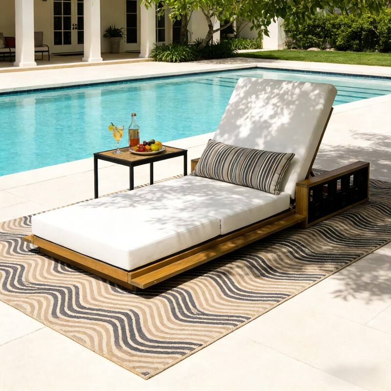 Christopher Knight Home - Modern Outdoor Acacia Wood Tri-Fold Chaise Lounge with Rope Accents & Water-Resistant Foam Headrest - Cream Cushion+Teak Finish Wood+Black Rope