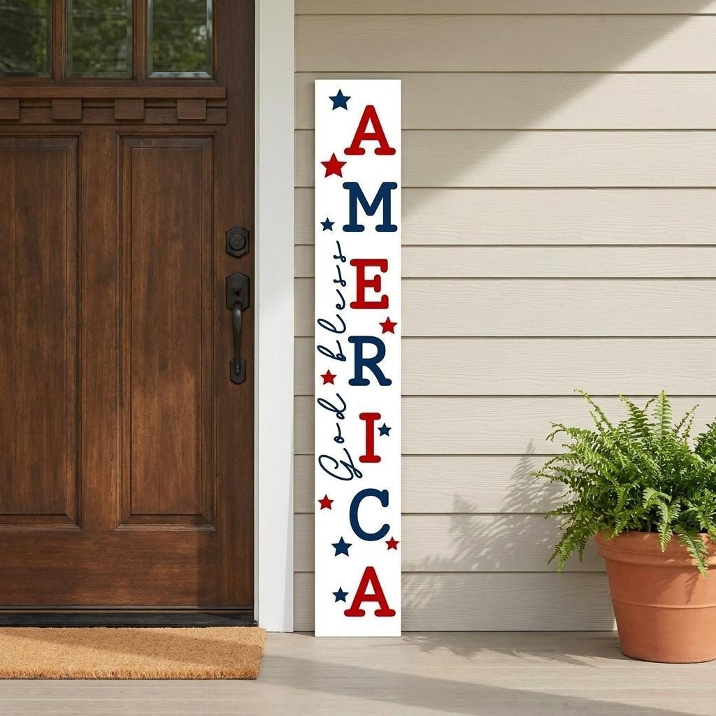 HomeRoots 59" Red White And Blue Solid Wood God Bless America Porch Sign