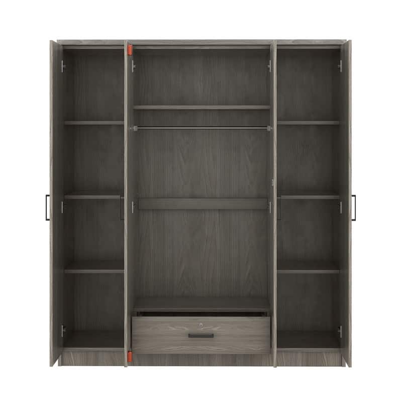 Modern Wardrobe with 4-Door and 1 Drawer, High Cabinet Closet, Tall Bedroom Armoires with Shelves and Hanging Rods for Bedroom