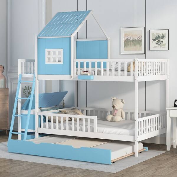 slide 2 of 27, Full over Full Bunk Bed with Twin Size Trundle,Farmhouse Bed with Drawer and Storage Box,Housebed Blue