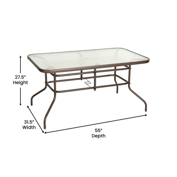 dimension image slide 0 of 3, Rectangular Glass Metal Patio Table with Umbrella Hole
