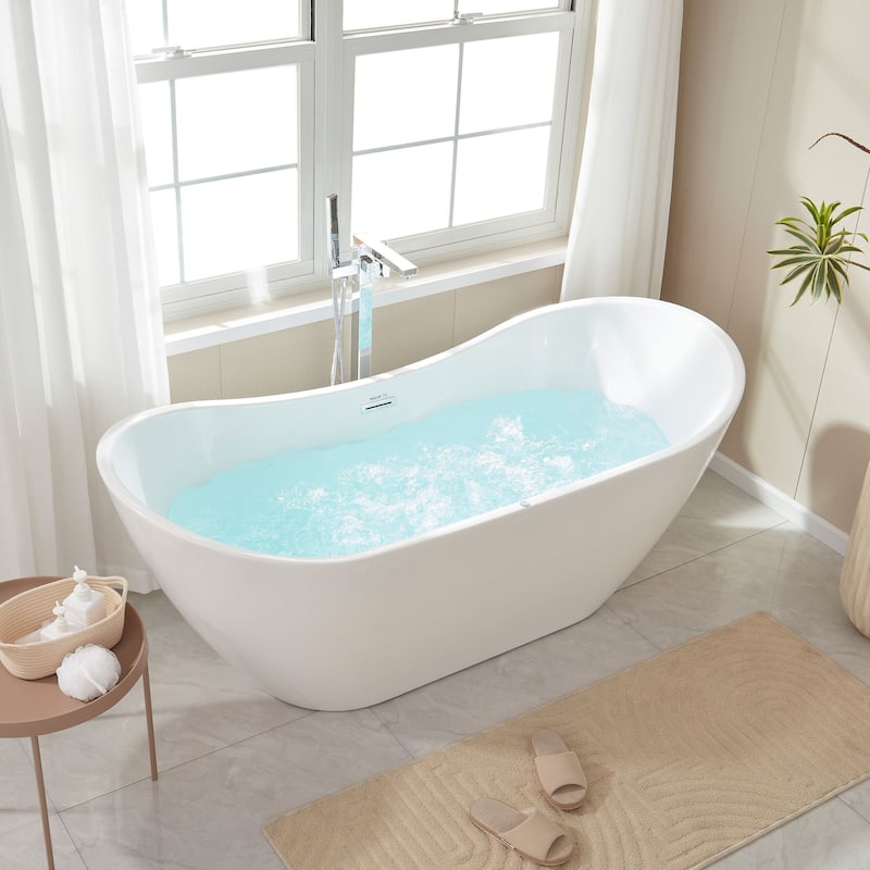 Vanity Art 71" Freestanding Acrylic Soaking Bathtub with Slotted Overflow & Pop-up Drain with Air Bath Option Available