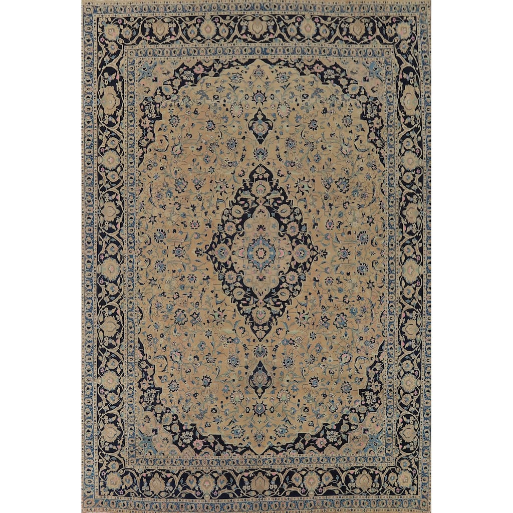 Floral Mashad Vintage Persian Area Rug Handmade Peach Wool Carpet - 9'7" x 12'9"