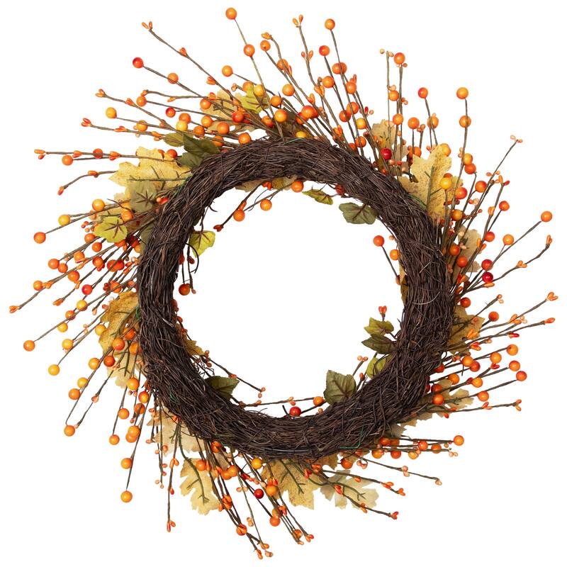 Berries and Maple Leaves Artificial Fall Harvest Twig Wreath - 22"