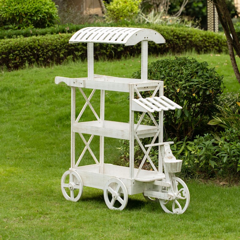 White Wood Decor Display Rack Mobile Food Cart with Wheels 3 Tier for Display, Wood Wagon with Shelves for Food and More