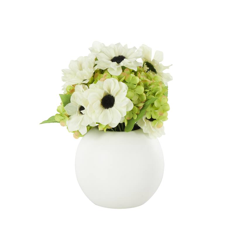 Fabric Artificial Flower with Green Leaves and Round Ceramic Vase - White - Roche River Decor