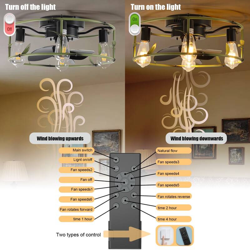 Modern Flush Mount Ceiling Fan Light with Light and 6 Adjustable Wind Speeds, Cage Design for Bedroom and Living Room