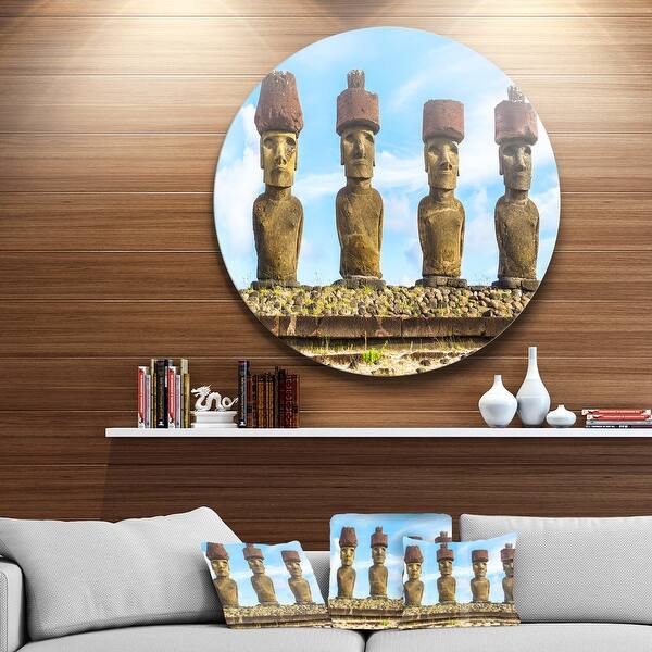 Designart 'Moai with Red Topknot Hat' Portrait Photo Round Wall Art