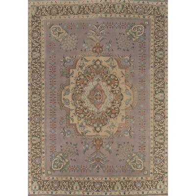 Gray Geometric Tabriz Persian Vintage Area Rug Handmade Wool Carpet - 9'10"x 12'11"