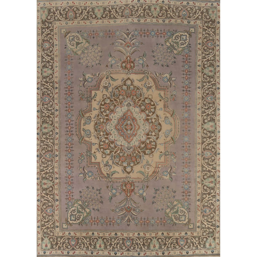 Gray Geometric Tabriz Persian Vintage Area Rug Handmade Wool Carpet - 9'10"x 12'11"