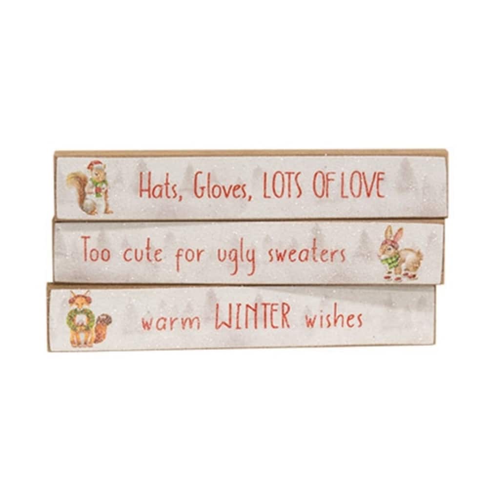 Seasonal Wooden Accent Sticks with Frosty Woodland Designs and Glittered Snow Finish 3 Asstd. - 1" H x 6" W x .5" D