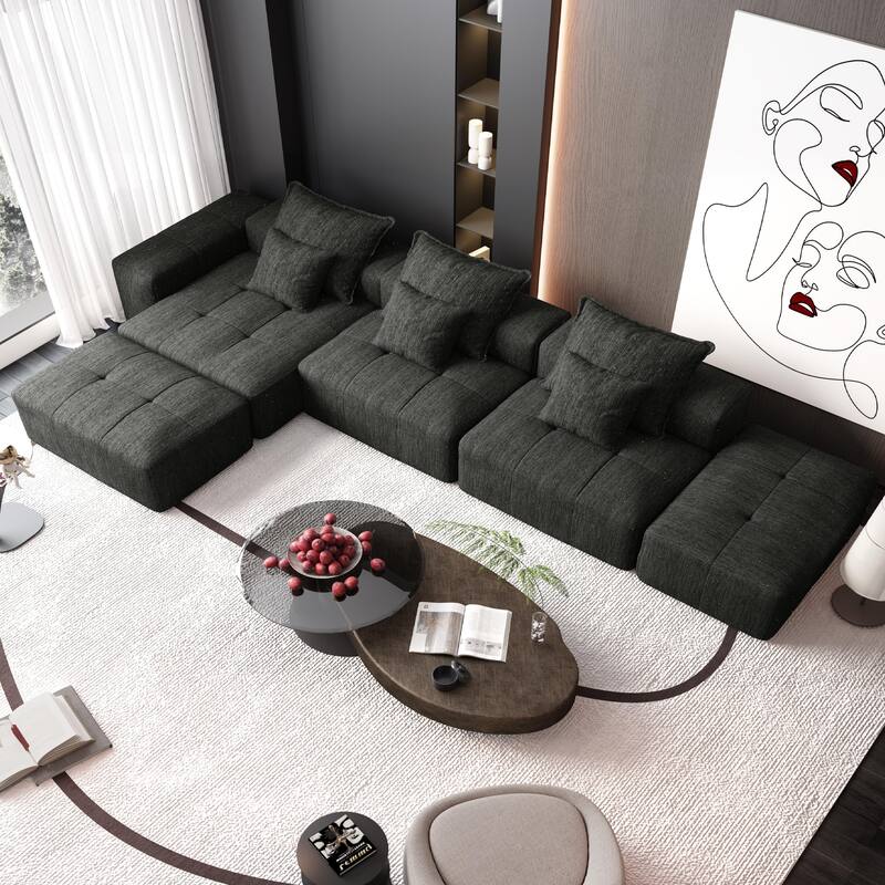 Modern Oversized Modular Sectional Sofa, Chenille Fabric Floor Couch with 6 Pillows, 5-Seater Upholstered Tufted Sofa