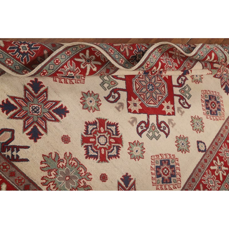 Ivory Geometric Kazak Area Rug Hand-Knotted Wool Carpet - 4'10" x 6'5"