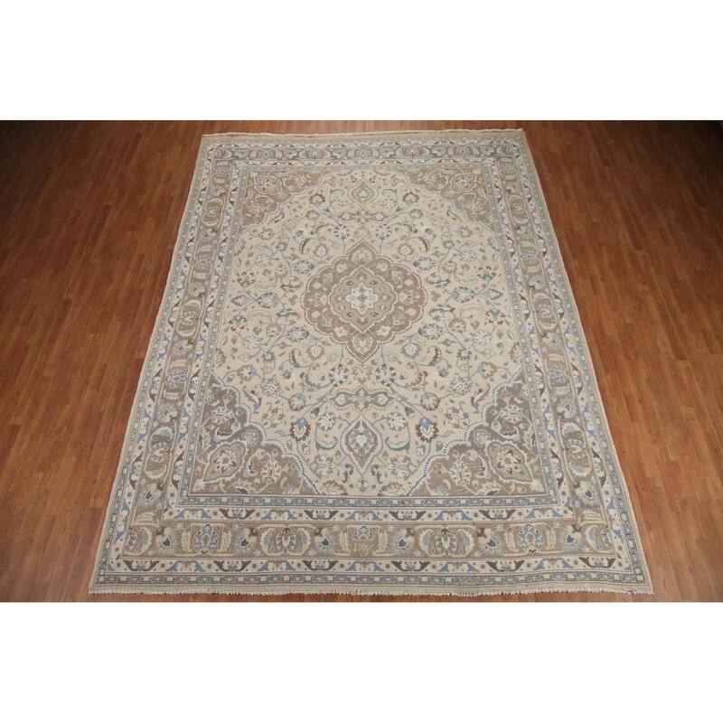 Hand Knotted Oriental 100% Wool Carpet Traditional Floral Beige & Ivories Tabriz Area Rug - 12' 8'' X 9' 8''