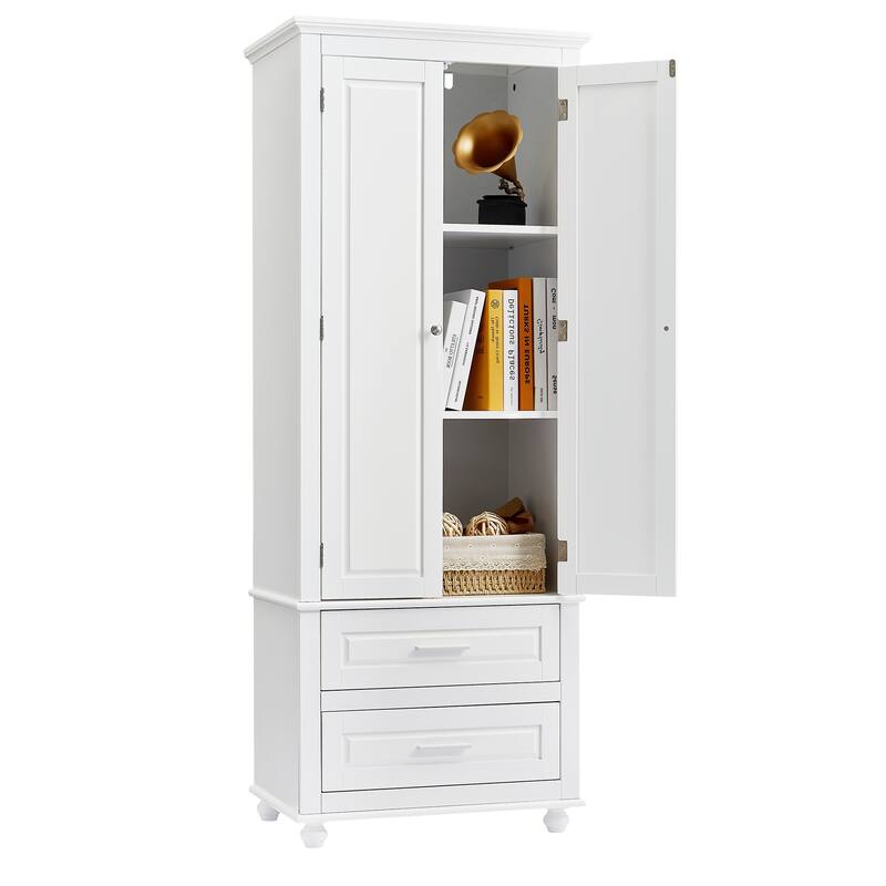 Roomfitters 64" Tall Bathroom Storage Cabinet, Modern MDF Linen Tower with 2 Large Drawers & Adjustable Shelves, White