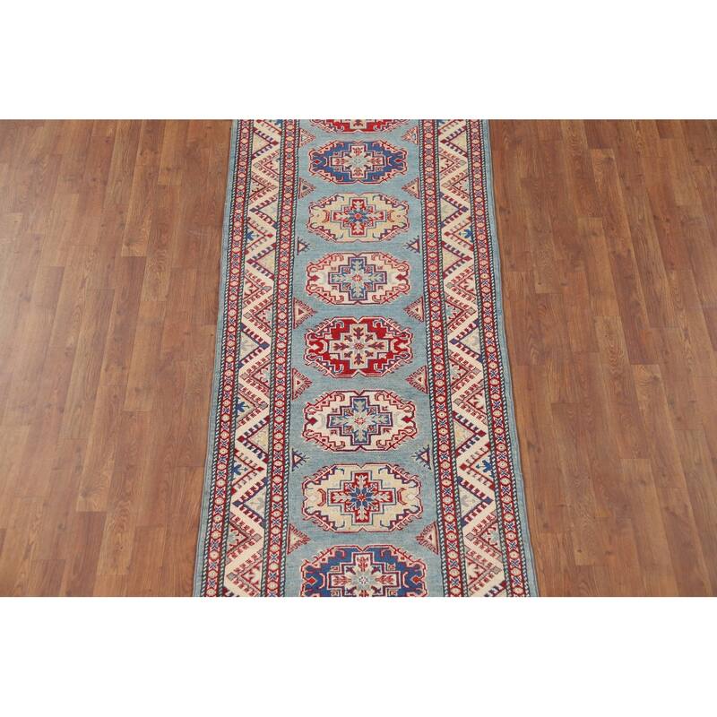 Light Blue Kazak Runner Rug Handmade Wool Carpet - 2'11" x 9'7"