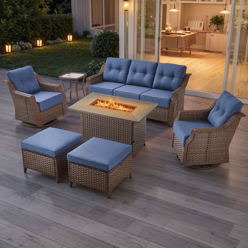 Artisan Brown Wicker Patio Fire Pit Conversation Set with 3-Seat Sofa & Swivel Gliders