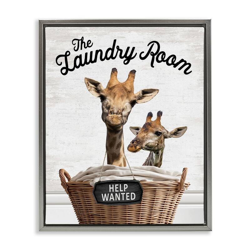 Stupell Help Wanted Laundry Room Giraffes Framed Floater Canvas Wall Art Design By Lettered and Lined - 25 x 31 - Grey