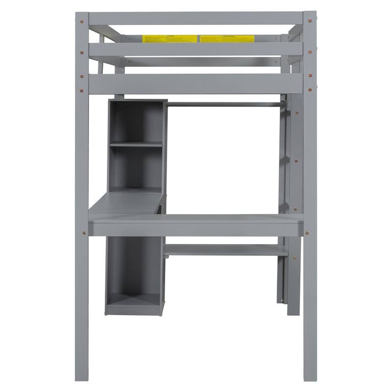 Solid Wood Loft Bed with Bulit-in L-Shaped Desk, Wardrobe and Hanging Rod, Twin/Full Size Loft Bedframe with Storage Shelves