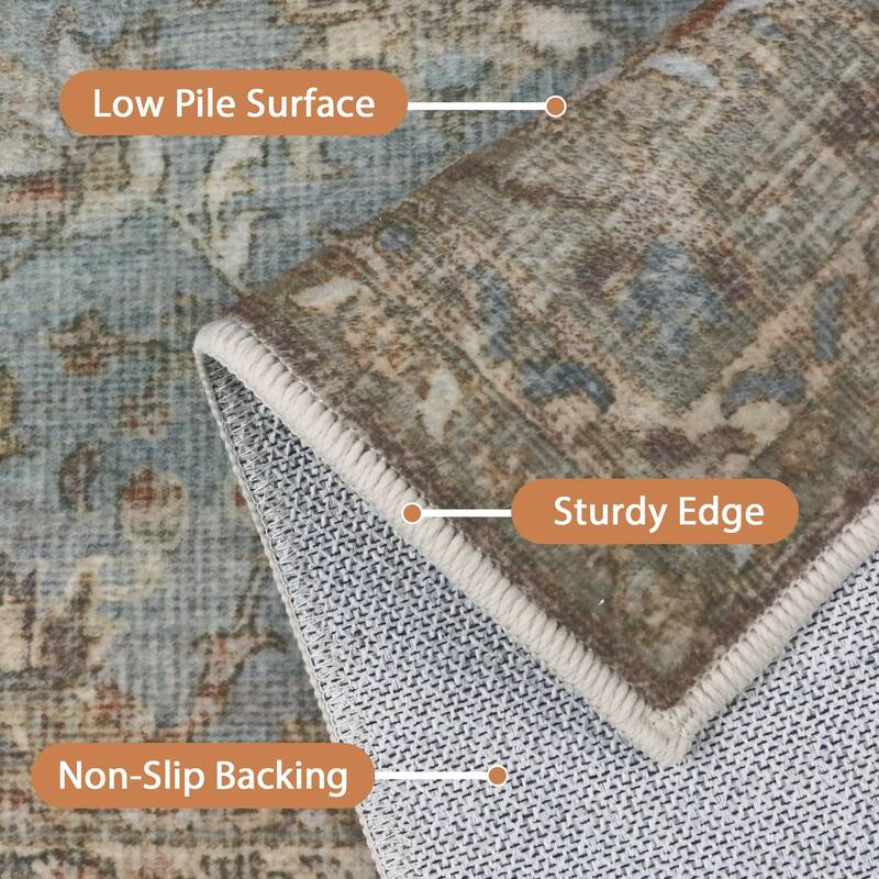 Mcow Vintage Floral Low-Pile Machine-Washable Area Rug