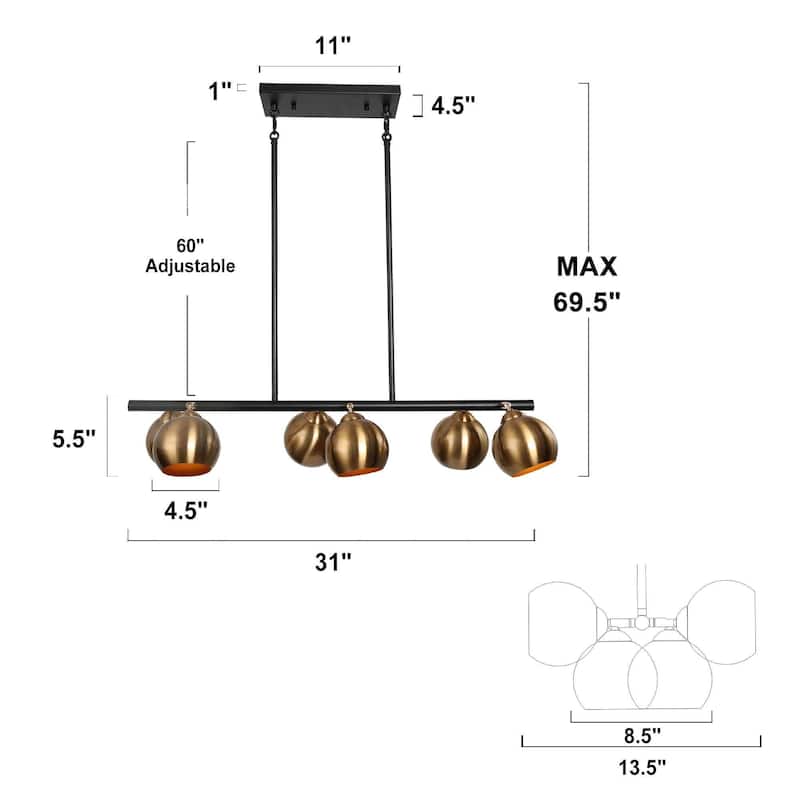 Modern 6-Light Black Gold Linear Chandeliers Glam Metal Island Light for Dining Room - L31" x W5.5" x H13.5"