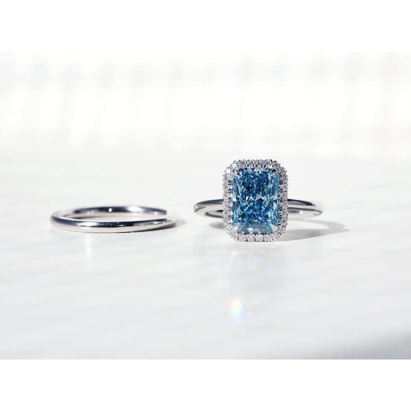 Kobelli 3.40 Carat Blue Diamond Certified 14k Solid Gold Radiant-cut Plain Comfort Bands Aomori 2pc Bridal Set (Excellent)