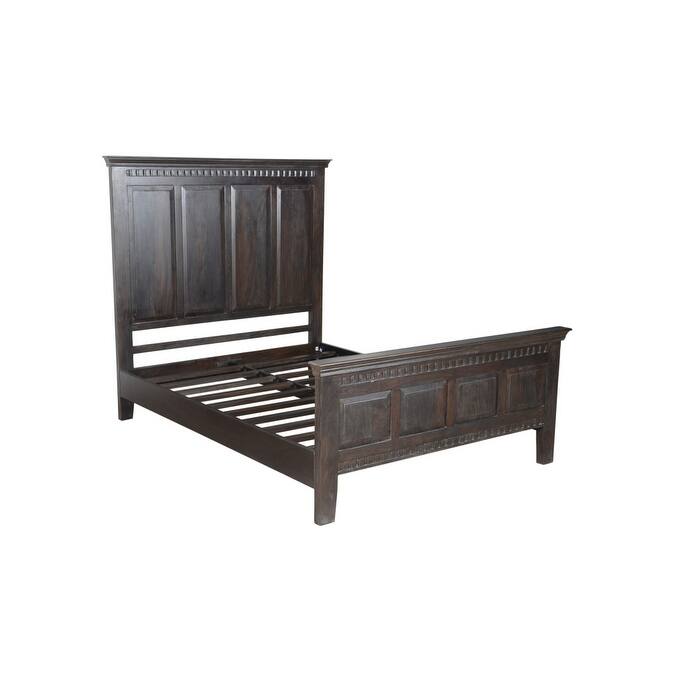 Espresso Carved Geometric Solid Wood Queen Bed Frame