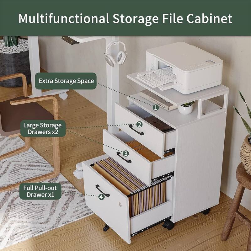 3-Drawer Rolling Filing Cabinet - 6.3"D x 30.12"W x 21.65"H