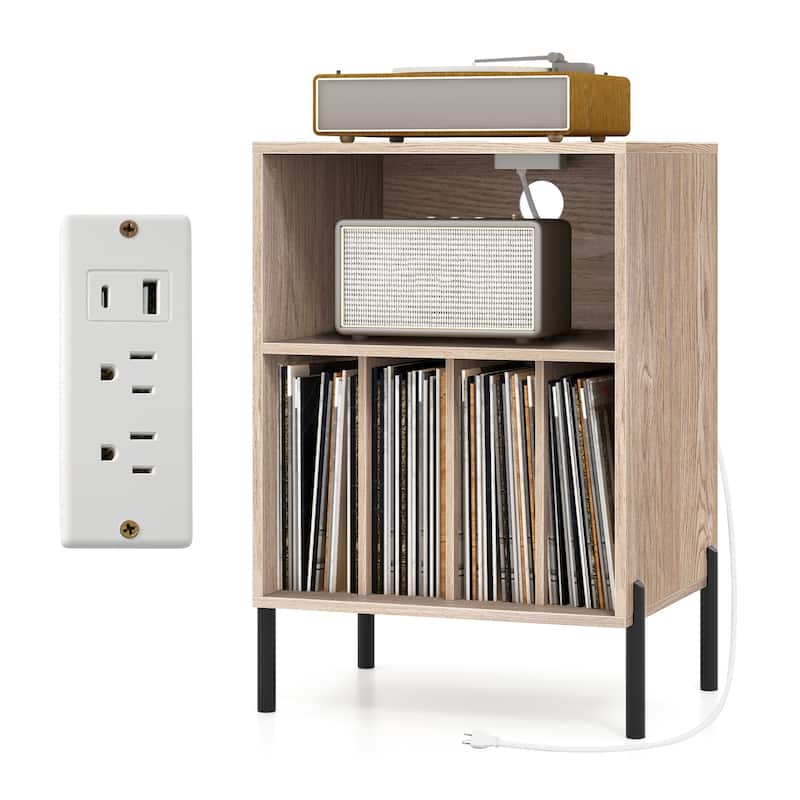 Gymax Record Player Stand w/Charging Station 5 Storage Compartments - Natural - MDF