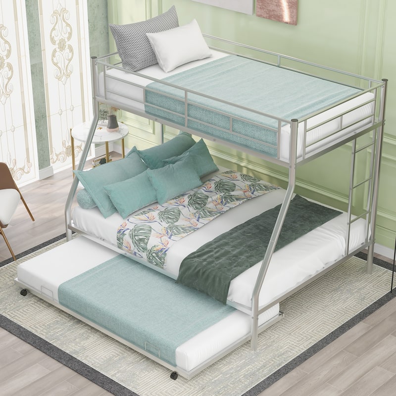 Bed with Sturdy Steel Frame, Bunk Bed with Twin Size Trundle, Two-Side Ladders