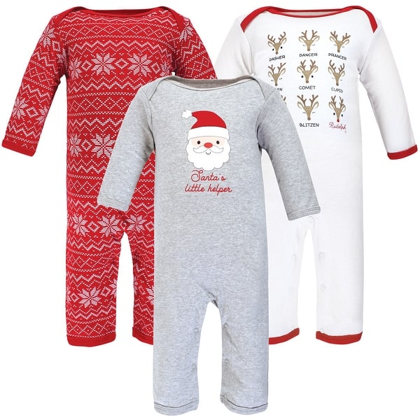 slide 1 of 1, Hudson Baby Unisex Baby Cotton Coveralls, Santa Reindeer 9 - 12 Months - White/Grey/Red