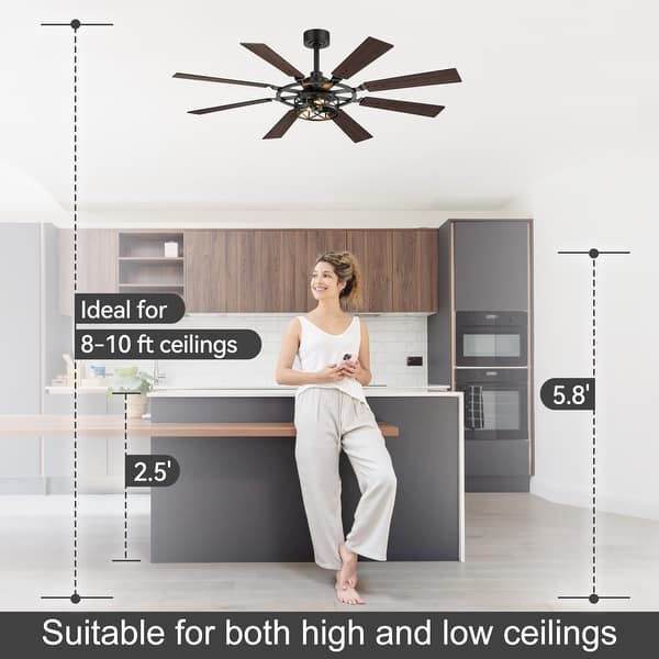 dimension image slide 0 of 3, 52/65 Inch Ceiling Fan with Light, Modern Matte Black 8-Blade Fan, Reversible Wood Grain Blades, DC Motor, Remote Control