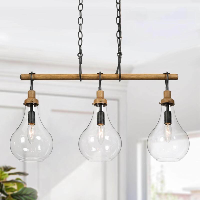 Farmhouse Rustic 3-light Linear Chandelier Clear Glass Island Lights for Dining Room - L26.5"x W 6"x H 22" - Farmhouse