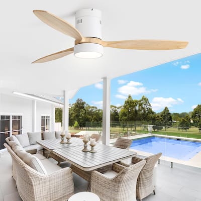 52 Inch Flush Mount Wood Blades White Ceiling Fan Reverse Airflow,6 Wind Speed,Remote Control