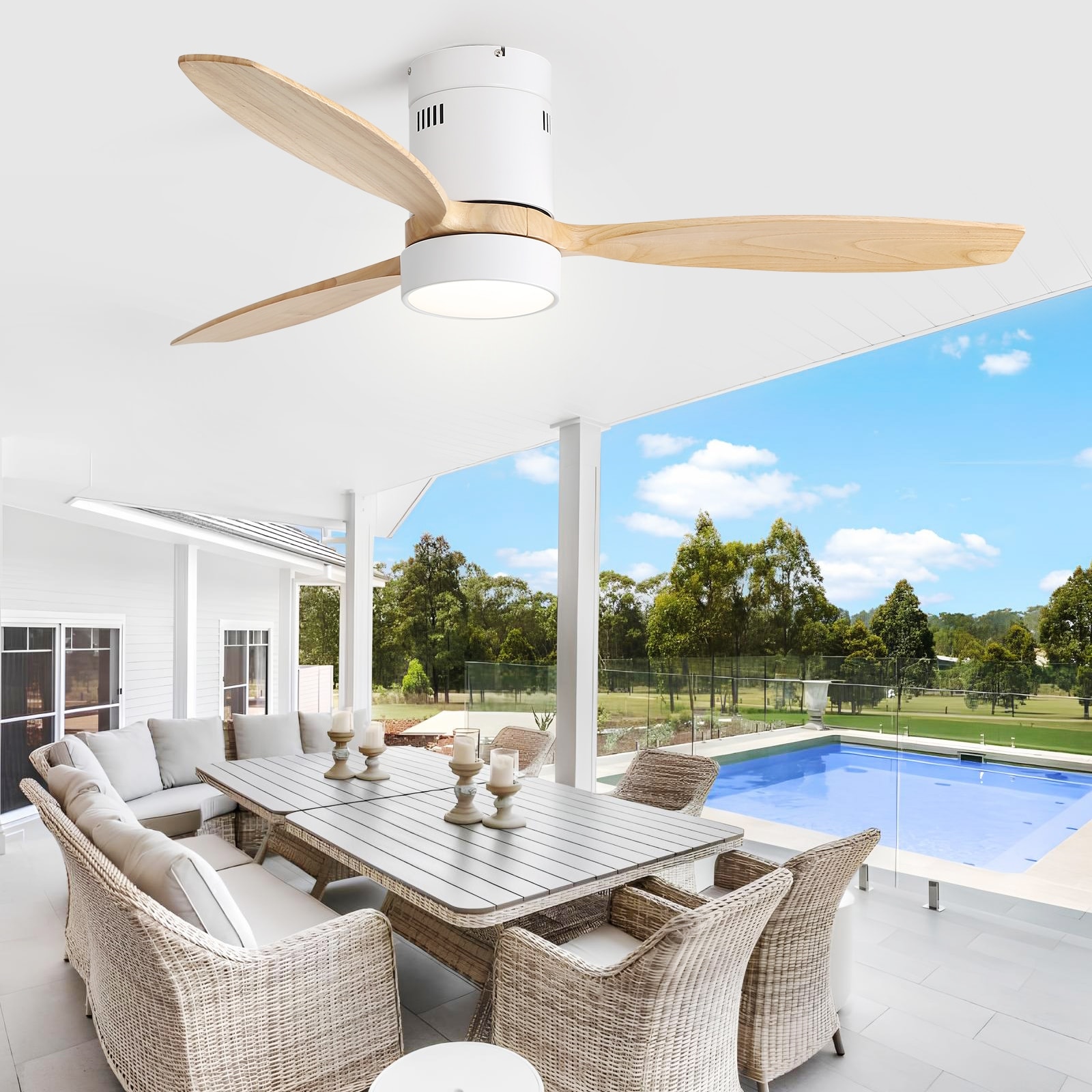 52 Inch Flush Mount Solid Wood Blades Ceiling Fan with Light,6 Wind Speed,Low Profile Ceiling Fan with Remote Control