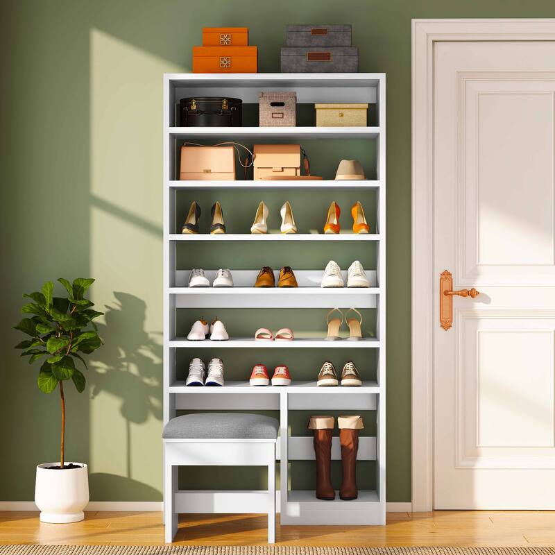 Moasis 8 Tiers Free Standing Shoe Cabinet with Hidden Bench, 70.9'' Tall Shoe Racks with Open Storage & High Boots Cubby