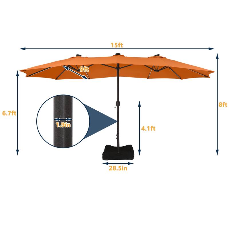 15 Ft Outdoor Solar Detachable Lights Rectangular Crank Market Umbrella with Base